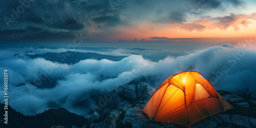 person camping on the edge of rock cliff above the sea of clouds at morning sunrise