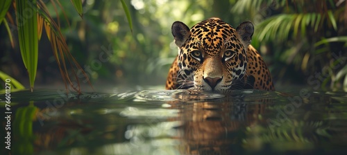 Jaguars stealthily hunting along riverbanks in the rich environment of a tropical rainforest