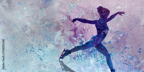 Grace on Ice: A figure skater glides across the ice, her silhouette a striking contrast against the vibrant, abstract background. The scene evokes a sense of artistry, strength, and effortless beauty.