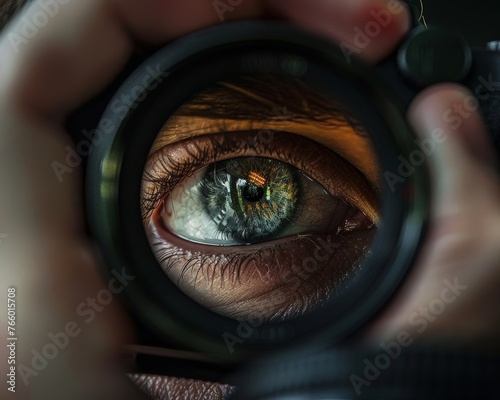 Eye of the Lens: A captivating close-up reveals a mesmerizing green eye, framed by the lens of a camera, inviting viewers to delve into the depths of perception and artistry. 