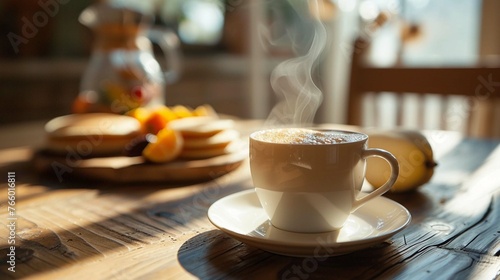a steaming cup of coffee on a wooden table 