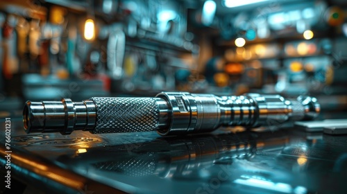 A cinematic shot of a torque wrench, its calibrated scale and textured grip hinting at the power it holds to tighten bolts with exacting force.