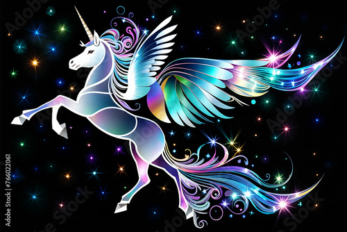 Unicorn flapping its wings in the starry night sky