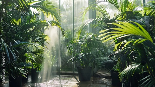 View from the exterior of a tropical greenhouse showing a variety of green potted plants behind a distorted glass wall. photosynthesis process. When there is humidity, water vapor is produced.