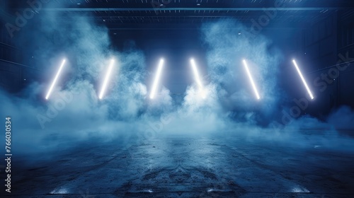 Bright stadium arena lights, Smoke bombs, empty dark scene, neon light, spotlights The concrete floor and studio room with smoke float up the interior texture, night view for display products
