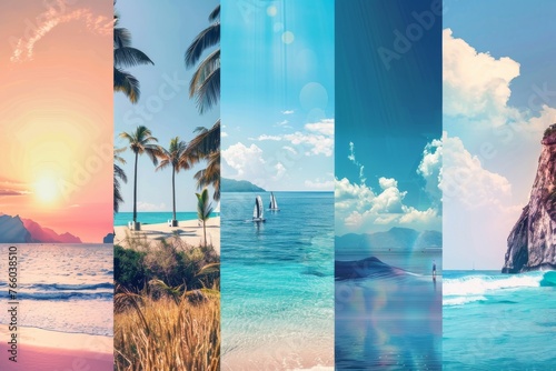 Collage of beach and sea scenes.