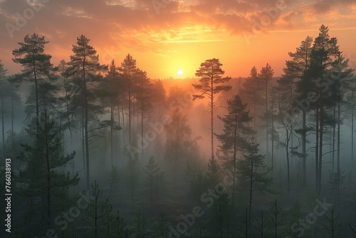The afterglow of the setting sun illuminates the foggy forest, with larch trees in the foreground, creating a serene natural landscape in the dusk atmosphere
