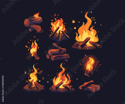 camp fire set illustration logo
