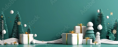 Christmas decoration with paper pine trees and white gift box on green background 3D Rendering, 3D Illustration, Generative AI