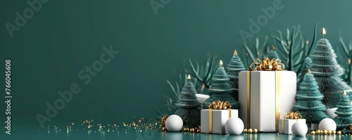 Christmas decoration with paper pine trees and white gift box on green background 3D Rendering, 3D Illustration, Generative AI