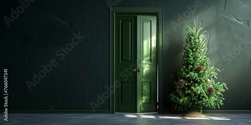 Green fir tree enters the door, Christmas is coming concept background 3D Rendering, Generative AI