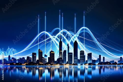 Smart city and big data connection technology concept with digital blue wavy wires with antennas on night megapolis city skyline background, double exposure
