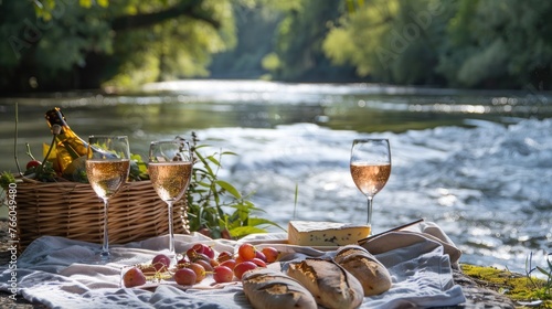 A lazy summer riverbank picnic, with a simple spread of cheese, baguettes, and chilled rosÃ© wine. 