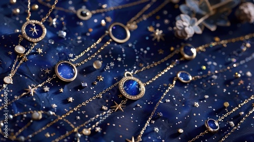 A line of jewelry inspired by the stars and constellations, featuring necklaces and bracelets 