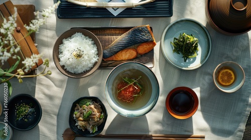 A minimalist Japanese breakfast, beautifully presented with miso soup, grilled fish, rice, and pickled vegetables. 