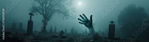 A hand emerging from a grave in a moonlit cemetery with eerie fog creeping along the ground