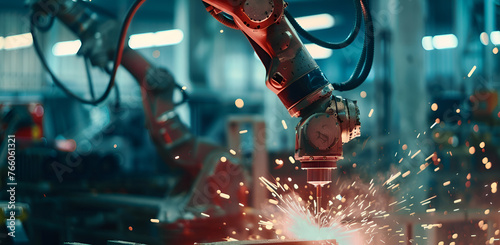 Industry 4.0 robots are working in a factory surrounded by sparks and debris. A repository of industrial activity and the power of technology.