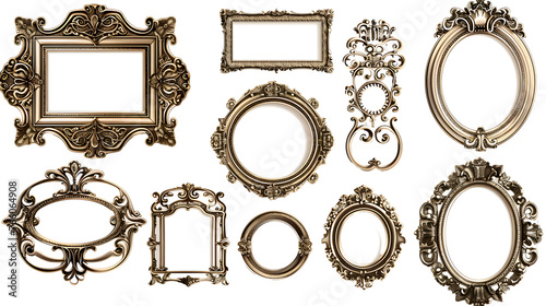 Set of Vintage Photo Frames in Diverse Designs: Oval, Round, Square, Ornament, Rectangle, Isolated on Transparent Background, PNG 
