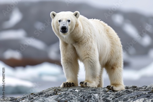 A polar bear stands on a rock in the snow. The bear is looking at the camera with a curious expression. The scene is peaceful and serene, with the bear being the main focus of the image