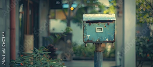 A blue mailbox is positioned on a wooden pole outside a charming house, surrounded by lush green grass and a few trees