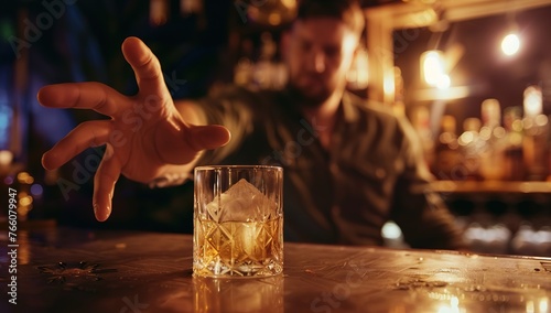 Man Refusing a Glass of Whiskey on a Rustic Wooden Table
