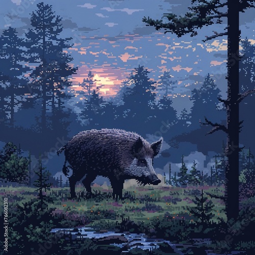 Wild boar pixel art trotting animation forest clearing at dawn rugged and robust