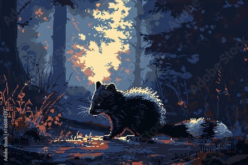 Skunk pixel art tail lifting animation moonlight shadow mischievous and cautious