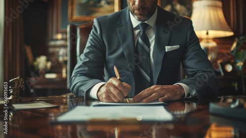 A well-dressed man in a business suit meticulously signs papers in an earnest office atmosphere