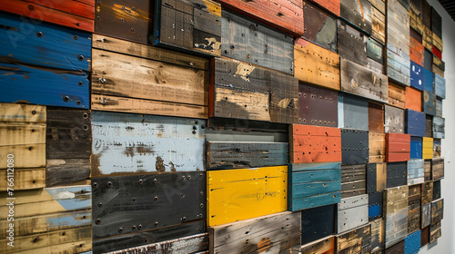 A DIY wall art installation made from recycled materials like wood pallets and salvaged metal.