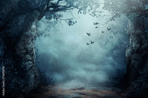 Mystical forest pathway with fog and flying birds, evoking an eerie yet enchanting mood. Concept of book covers, fantasy artwork, atmospheric background, storytelling visuals
