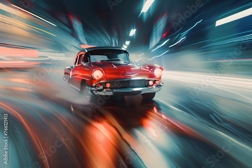Antique retro vintage car is rushing in high speed at the road on blurred background with a spectacular rays of light, ai generated in blur art photography style,