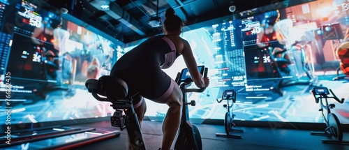 Futuristic Indoor Cycling: Athlete on a Spin Bike in a Virtual Reality Fitness Class