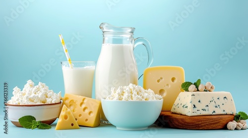 Milk and various dairy products arranged against a blue backdrop