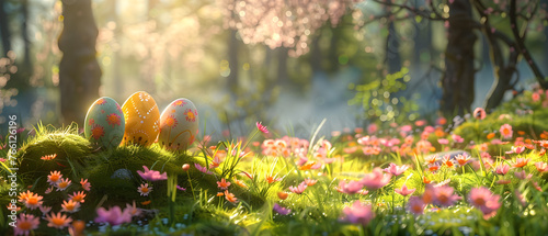 A group of painted Easter eggs sitting on lush green grass next to a forest filled with pink and yellow flowers on a sunny spring day.