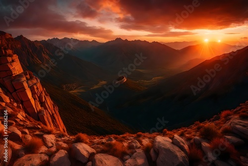 A mountainous horizon ablaze with the colors of sunset, a panoramic spectacle.
