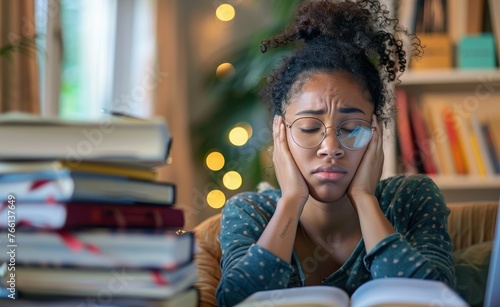 Overwhelmed student experiencing study fatigue amidst a pile of books. Intense pressure felt by students striving for academic success.