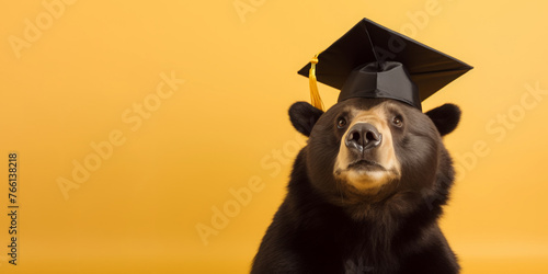 a bear in a black graduate hat with a tassel. yellow background. education and training of wild animals.