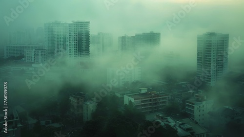 Impressionistic depiction of a cityscape veiled in PM 2.5 smog conveying the surreal and haunting atmosphere created by the air pollution crisis in Thailand.