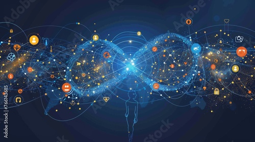Dynamic vector illustration portraying the global reach of social networks with a character surrounded by an infinity loop of interconnected icons.