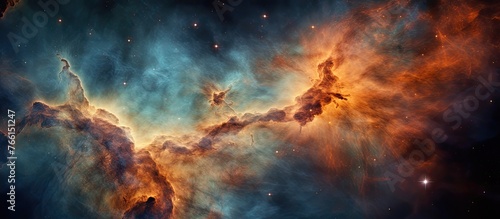 An artistic representation of a vibrant nebula in the vast sky, displaying a mix of colorful clouds and astronomical objects, creating a mesmerizing scienceinspired landscape