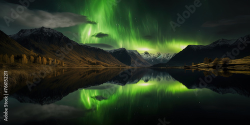 Aurora green Northern Lights in the night sky above the mountains range