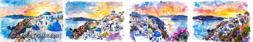 Colorful panoramic watercolor painting of a Greek island's sunset skyline with iconic white buildings and blue domes, ideal for travel and tourism-themed backgrounds with space for text
