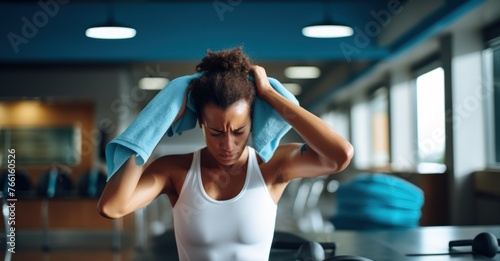  a young woman taking a break at the gym, wiping sweat off her forehead, reflecting determination and resilience