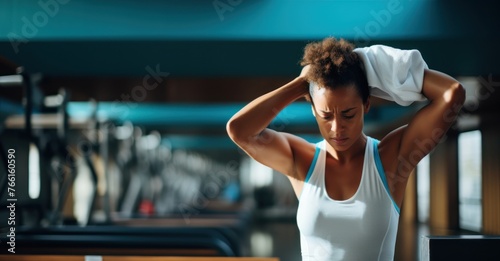  a young woman taking a break at the gym, wiping sweat off her forehead, reflecting determination and resilience