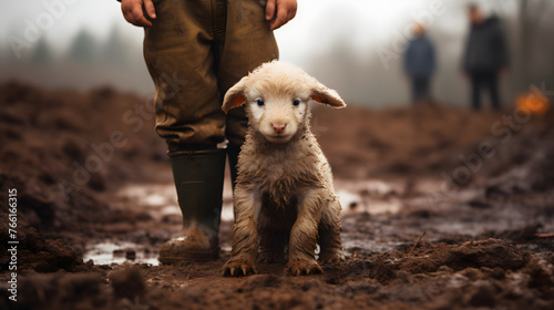 a baby lamb standing on a muddy floor with a person next to it