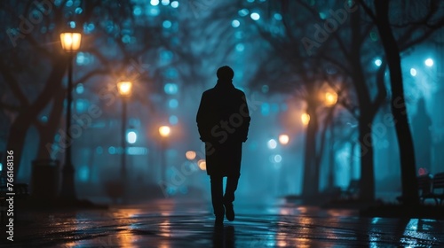 Silhouette of man go through city park at night. Mysterious person walks at dusk. Urban lighting. Foggy weather, mystical atmosphere. Lonely man returns home late at night. Overtime, working late.