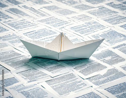 A paper boat sailing on a sea of documents, representing the journey of entrepreneurship amidst bureaucracy