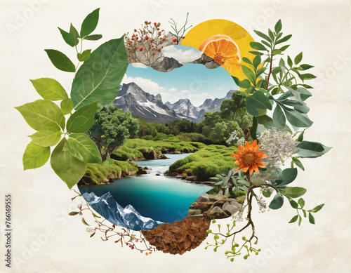 A mixed media collage incorporating elements of nature to symbolize the organic growth and interconnectedness of diverse businesses