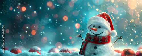 A snowman wearing a Santa hat and a scarf with the text "Merry Christmas" on it