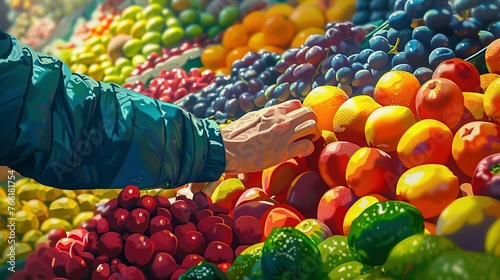 A Shopper's Hand Reaches Out to Select Ripe Fruits from a Vibrant Display at a Bustling Farmer's Market